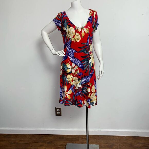 Lascana Venus Red Tropical Floral Dress Fit & Flare Hawaiian Women's Size M - Picture 2 of 9